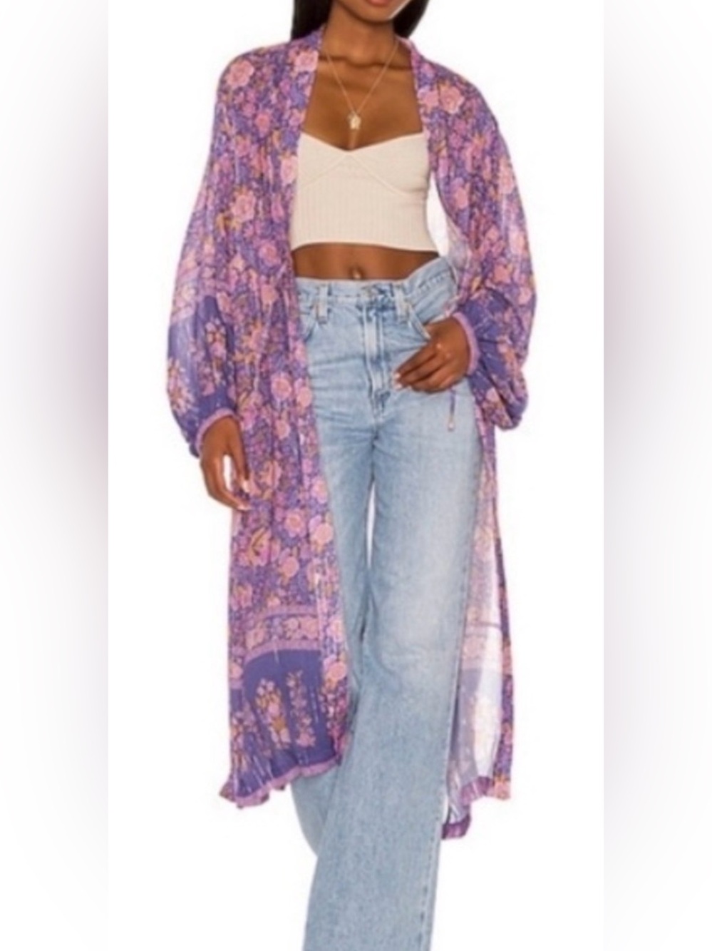 Spell & the Gypsy C Juniper Purple Floral Gauzy Duster Robe Kimono size SM